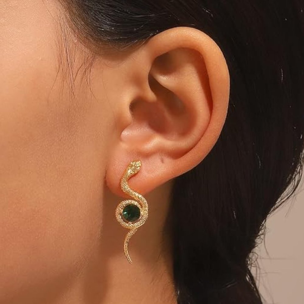 Gold Coiled Snake Green Stone Earrings 3D Snakes Modern Nature Boho Post New
